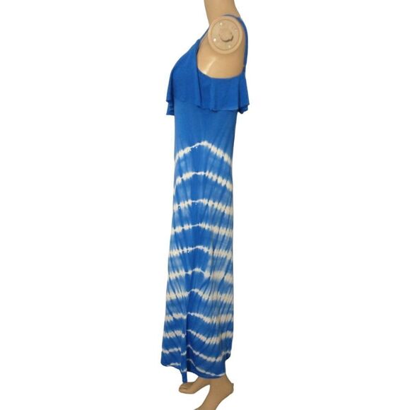 Y2K Maxi Dress Sz SP Studs Blue White Striped Jersey Knit Hippie Boho Nautical - Picture 7 of 16